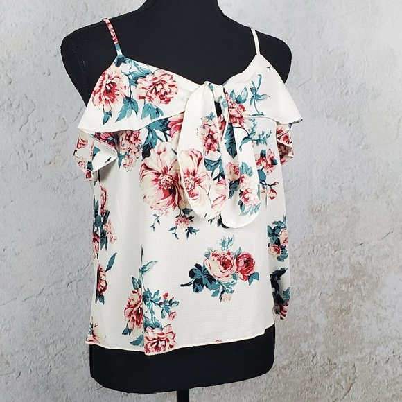 Off White, Floral Print, Spaghetti Strap Chiffon Shirt - Picture 1 of 2